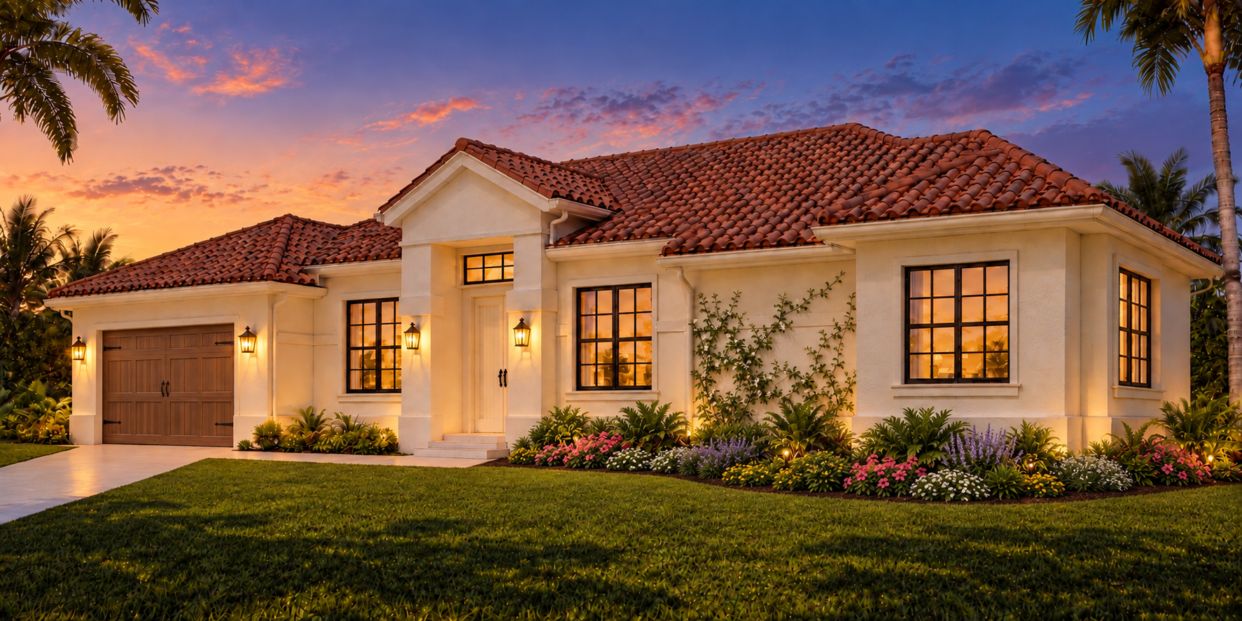 Residential exterior concept by ML Design Co. at warm dusk, with ivory stucco, a terracotta tile roof, glowing windows, a wood garage door with black iron accents, a curved flowering garden bed, and climbing jasmine.