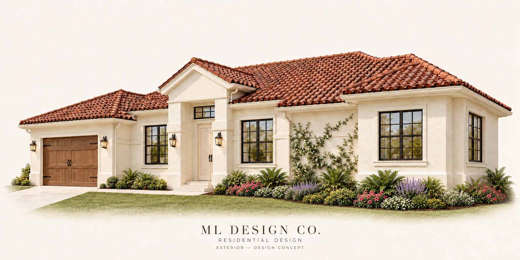 ML Design Co. residential exterior design concept in soft daylight on ivory, with a terracotta roof, wood garage door, flowering garden bed, and climbing jasmine.